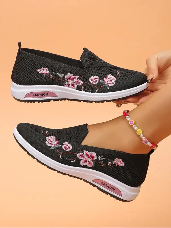 Women's Fashionable Floral Embroidery Slip on Sneakers, Casual Comfortable Breathable Mesh Sneakers, Female All-match Round T...
