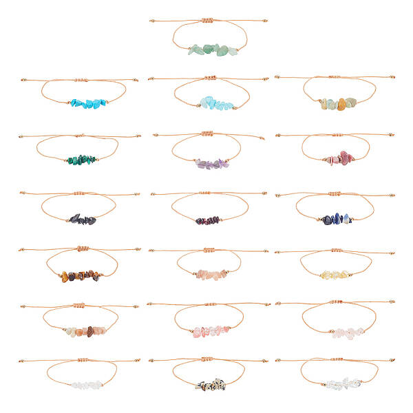 19Pcs 19 Styles Natural & Synthetic Mixed Gemstone & Glass Chips Braided Bead Bracelets Set for Women
