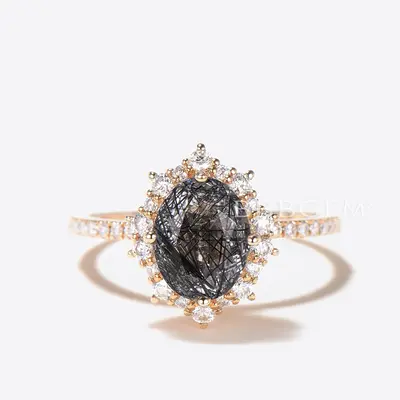 Oval Cut Natural Black Rutilated Quartz Halo Diamond Engagement Ring