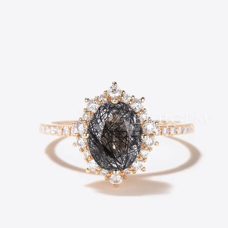 Oval Cut Natural Black Rutilated Quartz Halo Diamond Engagement Ring