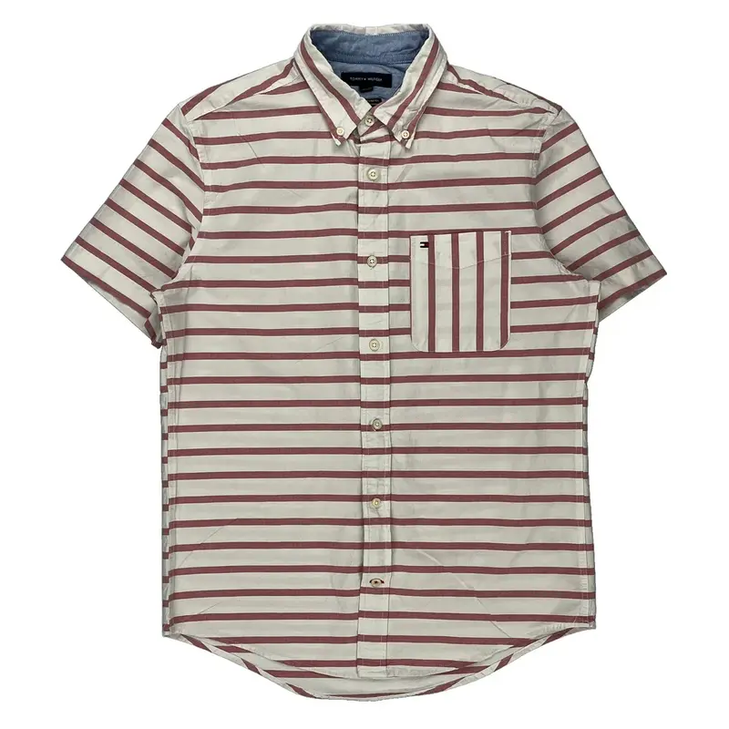 Tommy Hilfiger Striped Short Sleeve Shirt - Medium White Cotton Blend
