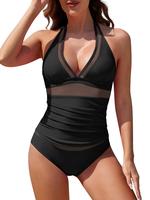 Womens Sexy Halter V Neck Tankini Swimsuits for Women Tummy Control Two Piece Bathing Suits Mesh Swimwear