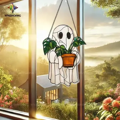 Cute Ghost Plant Suncatcher, Ghost and Monstera Acrylic Ornament, Ghost Plant Hanger, Plant Lovers Gift, Gift For Mom