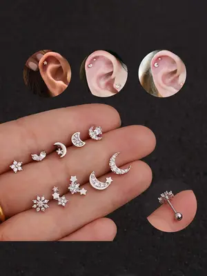 Women's Elegant Rhinestone Decor Star & Moon Design Stud Earrings, 10pcs/set Trendy Exquisite Stud Earrings, Chic Gorgeous Je...
