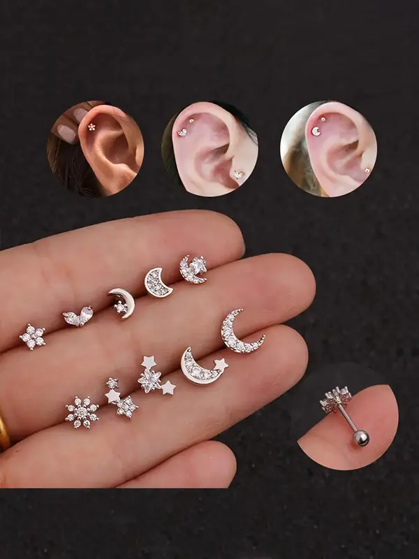 Women's Elegant Rhinestone Decor Star & Moon Design Stud Earrings, 10pcs/set Trendy Exquisite Stud Earrings, Chic Gorgeous Je...