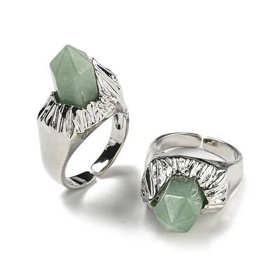 Hexagonal Prism Natural Green Aventurine Open Cuff Rings
