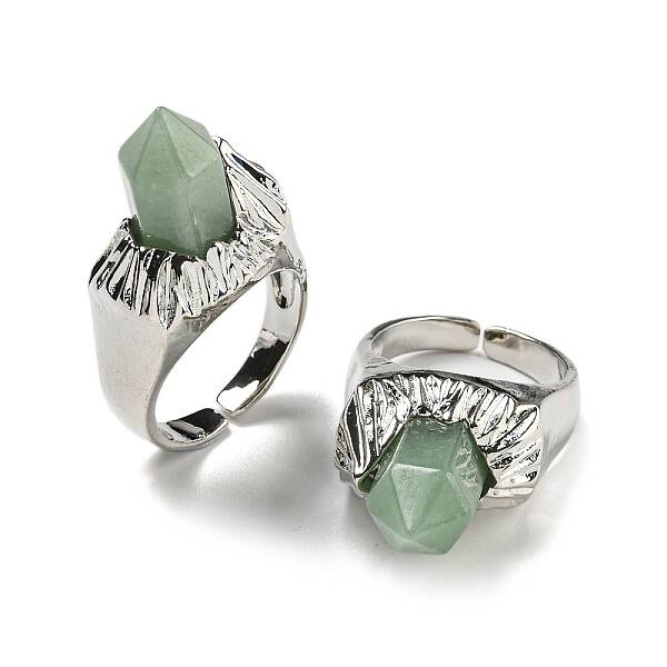 Hexagonal Prism Natural Green Aventurine Open Cuff Rings
