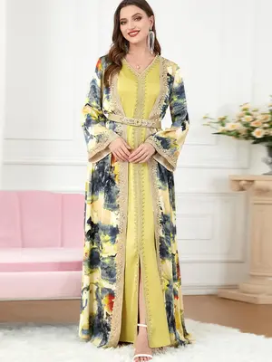 Arabic Clothing-Tie Dye Embroidery Appliques Split Arabian Dress, Asian Modest Suits Eid, Moroccan Thobes, Festival Outfi...