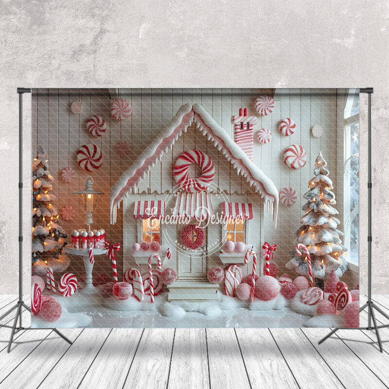 White Candy Canes House Snowy Christmas Backdrop - Aperturee