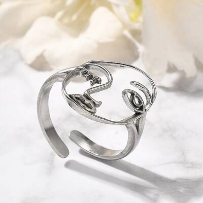 Hollow Human Face 304 Stainless Steel Open Cuff Rings for Women