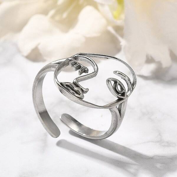 Hollow Human Face 304 Stainless Steel Open Cuff Rings for Women