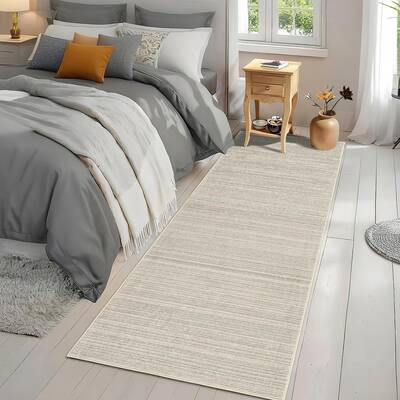 Garvee Washable Runner Rug 2x6 Low Pile Soft Polyester Non-Slip TPR Backing Distressed Striped Design Neutral Beige Entryway ...