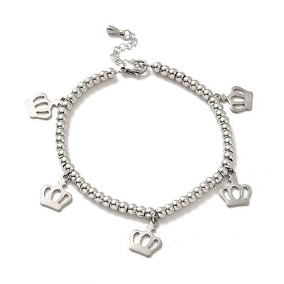 Tarnish Resistant 304 Stainless Steel Crown Charm Bracelet with 201 Stainless Steel Round Beads for Women