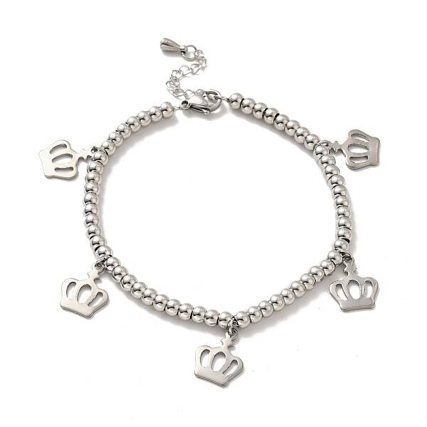 Tarnish Resistant 304 Stainless Steel Crown Charm Bracelet with 201 Stainless Steel Round Beads for Women