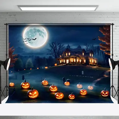 Farm Manor Bats Night Pumpkin Happy Halloween Backdrop