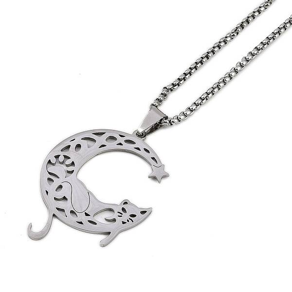 304 Stainless Steel Hollow Moon Cat Shaped Pendant Box Chain Necklaces