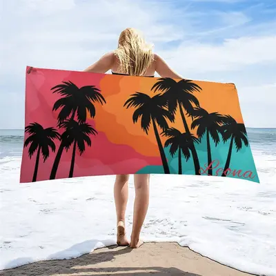 Custom Name Coconut Tree Summer Sunset Beach Towel - Aperturee