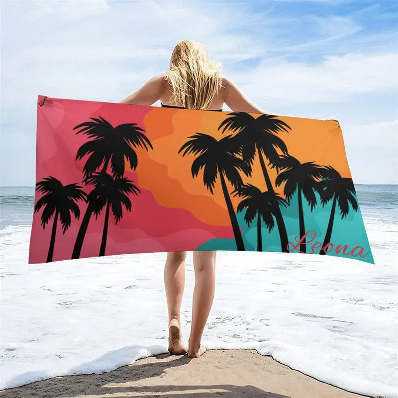 Custom Name Coconut Tree Summer Sunset Beach Towel - Aperturee