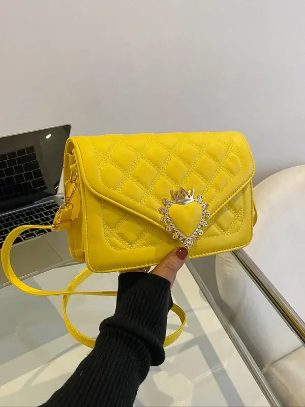Heart-shaped Lock Buckle Small Square Bag For Women, Fashion PU Leather Texture Crossbody Bag, Casual Plain Rhombus Embroider...