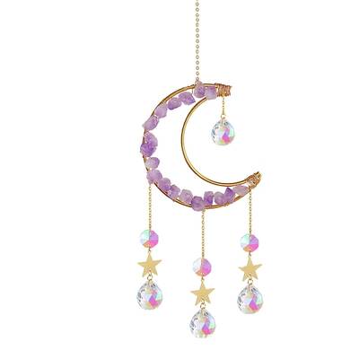 Natural Amethyst Chips Moon & Glass Teardrop Suncatchers