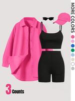 Women's Solid Button Front Shirt & Crop Cami Top & Skinny Shorts Three-piece Set, Casual Elegance Drop Shoulder Long Sleeve T...