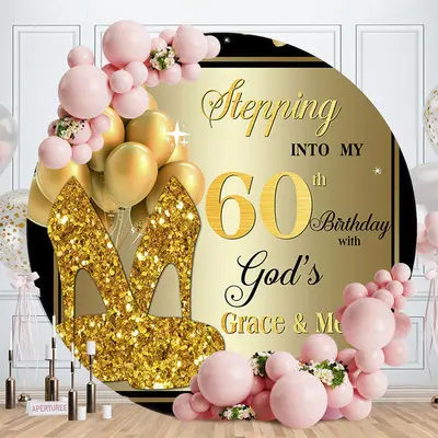 Black Gold Balloon Heel Round 60th Birthday Backdrop - Aperturee
