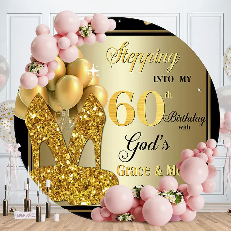 Black Gold Balloon Heel Round 60th Birthday Backdrop - Aperturee