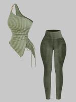 Two-Piece Set Women's Solid Ribbed Crop Tank Top & Skinny Pants, Minimalist Casual Fashion Cozy for Daily Outdoor Wear, Ladie...