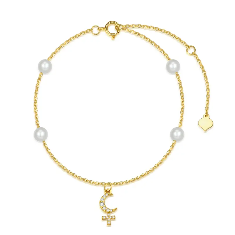 14K Gold Circular Shaped Cubic Zirconia Cross & Moon Charm Bracelet