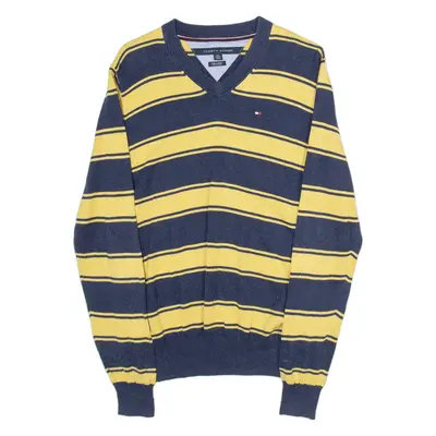 TOMMY HILFIGER Pima Cotton Mens Patterned Jumper Yellow Striped V-Neck XS