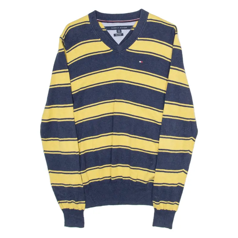 TOMMY HILFIGER Pima Cotton Mens Patterned Jumper Yellow Striped V-Neck XS
