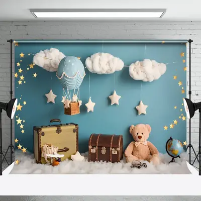 Aperturee Blue Wall Cloud Stars Teddy Bear Cake Smash Backdrop, 3X2FT(1MX0.6M), 14 USD, birthday cake smash backdrops, NYHD2I...