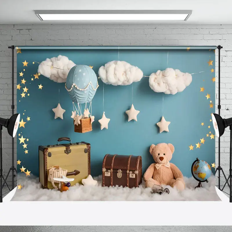 Aperturee Blue Wall Cloud Stars Teddy Bear Cake Smash Backdrop, 3X2FT(1MX0.6M), 14 USD, birthday cake smash backdrops, NYHD2I...