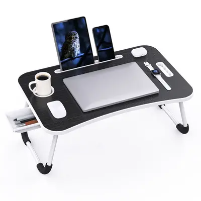 Foldable laptop desk, portable laptop table, bed table tray, laptop stand with cup holder and tablet slot and lifting handle ...