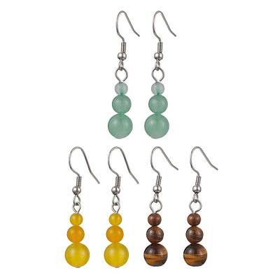 3 Pairs 3 Styles Natural Malaysia Jade & Green Aventurine & Tiger Eye Dangle Earrings