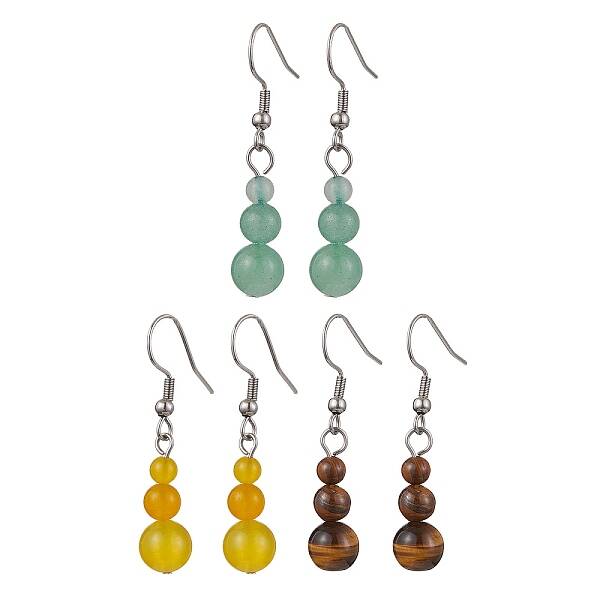 3 Pairs 3 Styles Natural Malaysia Jade & Green Aventurine & Tiger Eye Dangle Earrings