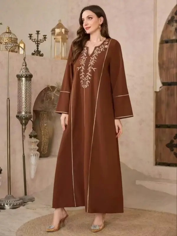 Women's Embroidery Long Sleeve Dress, Modest Casual V Neck Dress for Daily Wear, Ladies Islamic Clothing for All Seasons, Mod...