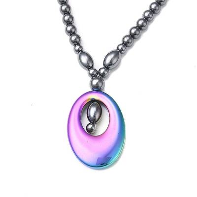 Synthetic Non-magnetic Hematite Oval Pendant Necklace with Beaded Chains for Women