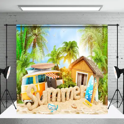 Holiday RV Beach Log Cabin Tree Backdrop For Summer - Aperturee