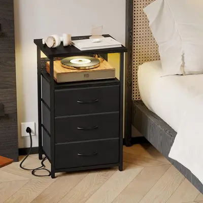 Night Stand with Charging Station, LED Nightstand with U-S-B Ports and Outlets, 3 Fabric Storage Drawers with PU Finish, Beds...
