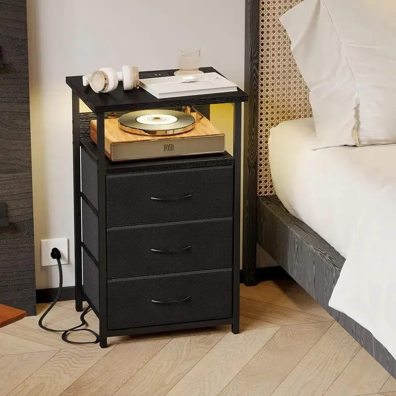 Night Stand with Charging Station, LED Nightstand with U-S-B Ports and Outlets, 3 Fabric Storage Drawers with PU Finish, Beds...