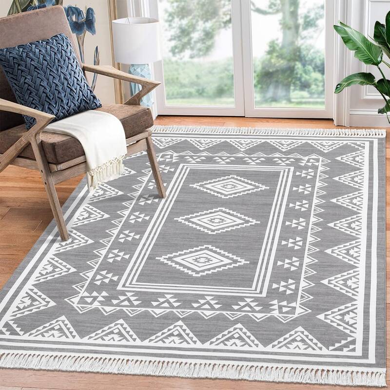 Garvee Boho Washable Area Rug, Non-Slip Moroccan Tribal Carpet with Tassels, Stain-Resistant Farmhouse Geometric Floor Cover,...