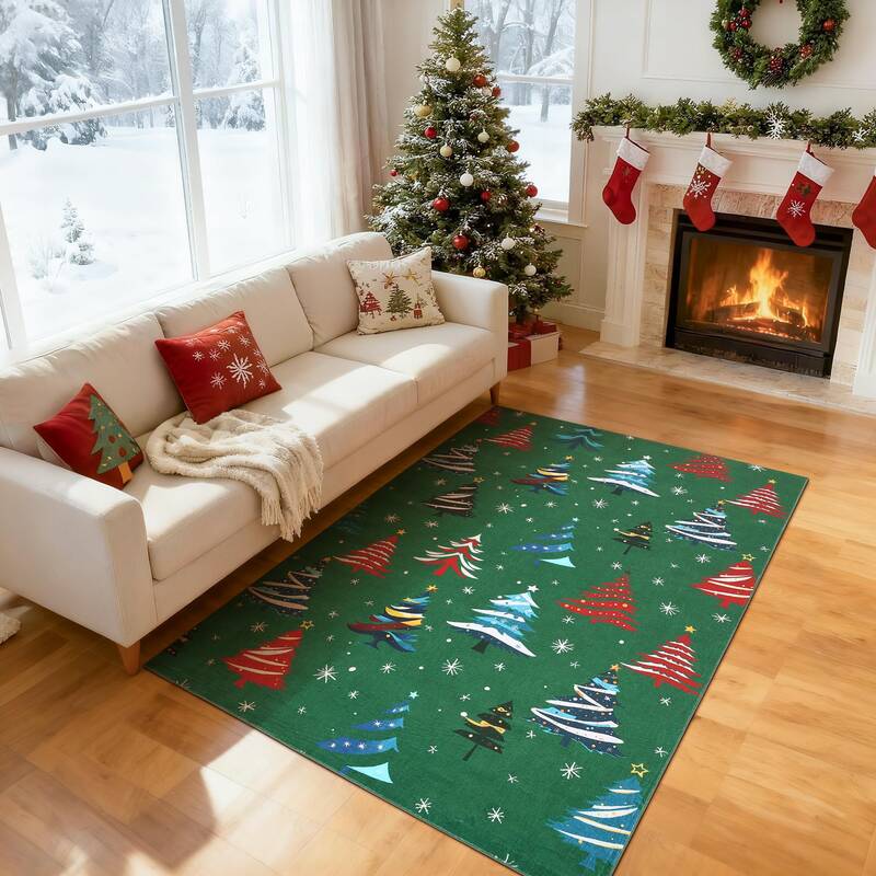 Garvee Christmas Area Rug 4x6 Non-Slip Soft Low Pile Washable Carpet with Xmas Tree Motif for Living Room Entryway Bedroom