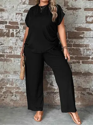 ćPlus SizećWomen's Plain Two-Piece Set, Casual Drawstring Tee & Wide Leg Pants, Women's Plus Outfits for Summer, Summer O...