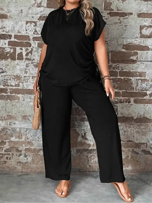 【Plus Size】Women's Plain Two-Piece Set, Casual Drawstring Tee & Wide Leg Pants, Women's Plus Outfits for Summer, Summer O...