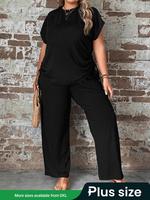 【Plus Size】 Two-Piece Set Solid Batwing Sleeve Drawstring Tee & Pants Set, Summer Outfits, Casual T-shirt & Trousers for ...