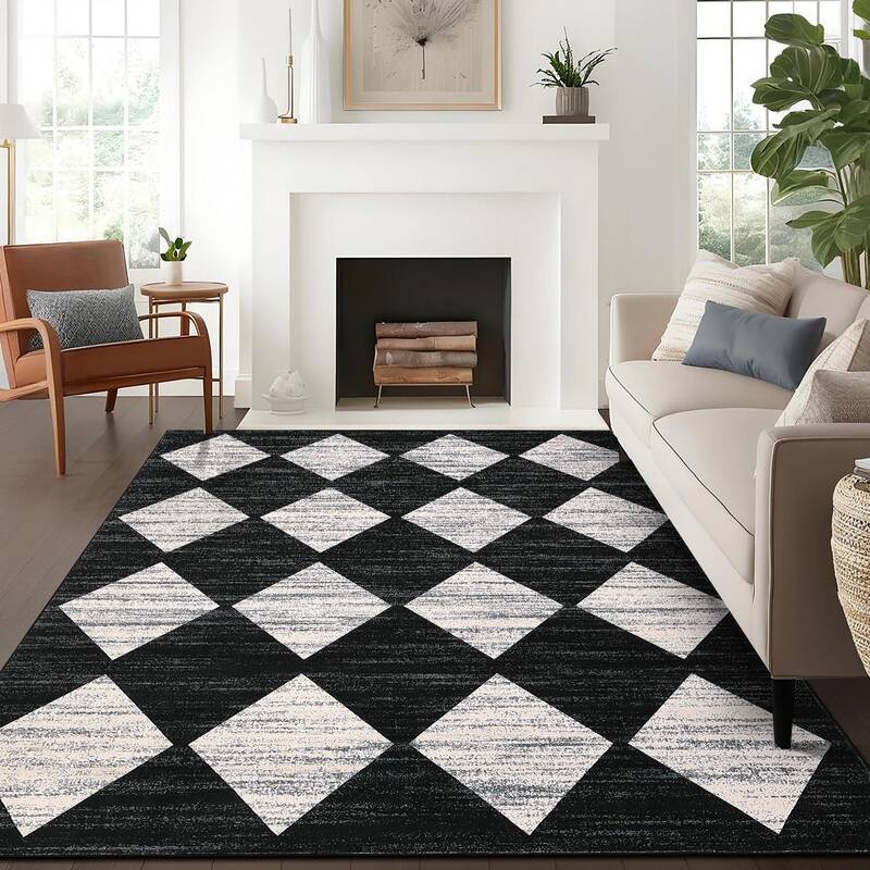 Garvee Plaid Black 10x13 Washable Trellis Area Rug Low Pile Non-Slip Soft Vintage Checkered Indoor Living Room Bedroom Dining