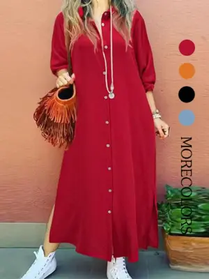 Women's Plain Button Shirt Collar Long Sleeve Dress, Casual Fashion Long Dress for Daily Outdoor Wear, Women Dress for Spring