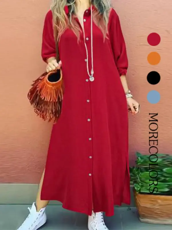 Women's Plain Button Shirt Collar Long Sleeve Dress, Casual Fashion Long Dress for Daily Outdoor Wear, Women Dress for Spring