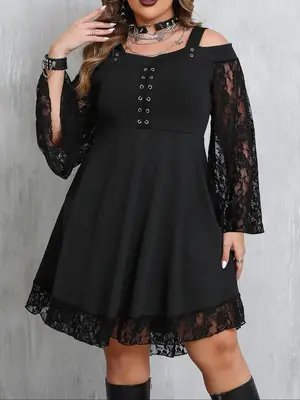 【Plus Size】Contrast Lace Flounce Sleeve A Line Vintage Dress, Casual Comfort Lace Up Cold Shoulder Midi Dress Womenswear ...